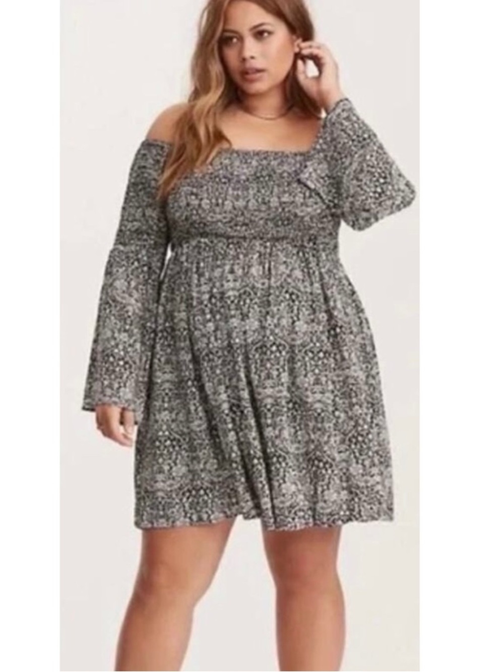 TORRID Black and White Abstract Print Smocked BellSleeve‎ Dress Sz. 3 or a 3X